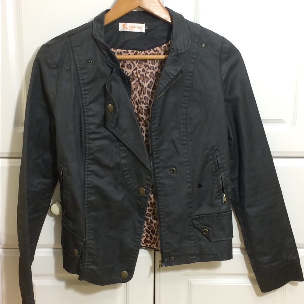 Black faux leather jacket with leopard print
